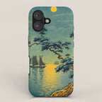 Tsuchiya Koitsu Maiko Seashore Japanese Woodblock Print Night Time Moon Over Ocean Sailboat iPhone Case Gallery Image 1