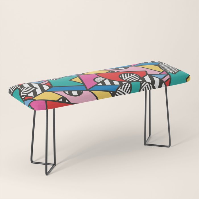 Colorful Memphis Milano Modern Geometric Shapes - 80s 90s retro electroclash pop art Aztec Bench Gallery Image 1