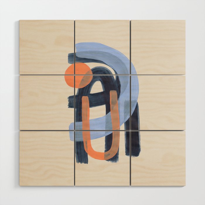 Midcentury Modern Minimalist Funky Cool Tribal Pattern Paynes Grey Pastel Blue Tan Shapes by Ejaaz Haniff Wood Wall Art Gallery Image 1