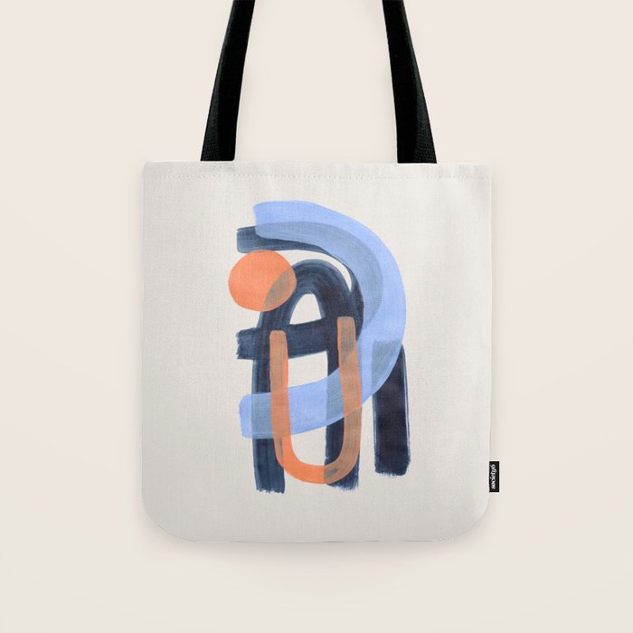 Midcentury Modern Minimalist Funky Cool Tribal Pattern Paynes Grey Pastel Blue Tan Shapes by Ejaaz Haniff Tote Bag Gallery Image 1