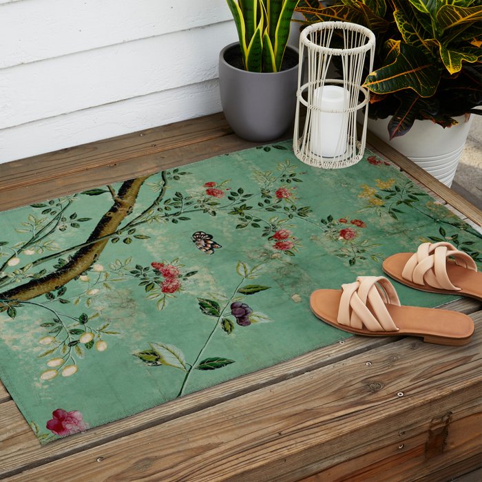 Antique 18th Century Blooming Camellia Garden Botanical Outdoor Rug Gallery Image 2