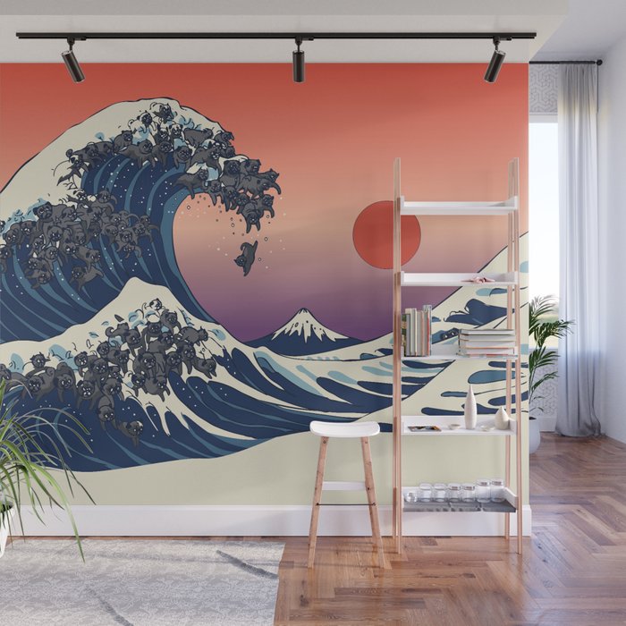 The Great Wave of Black Pug Wall Mural Gallery Image 1