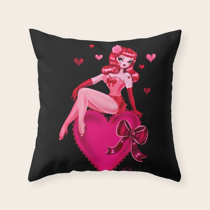 Retro Valentine Redhead Pinup Doll on a Big Heart Throw Pillow Gallery Image 6