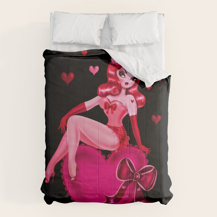 Retro Valentine Redhead Pinup Doll on a Big Heart Comforter Gallery Image 1