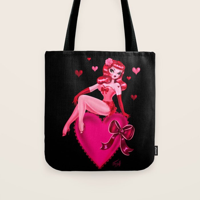 Retro Valentine Redhead Pinup Doll on a Big Heart Tote Bag Gallery Image 1