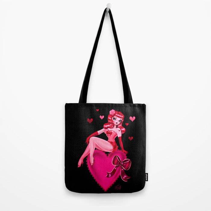 Retro Valentine Redhead Pinup Doll on a Big Heart Tote Bag Gallery Image 2