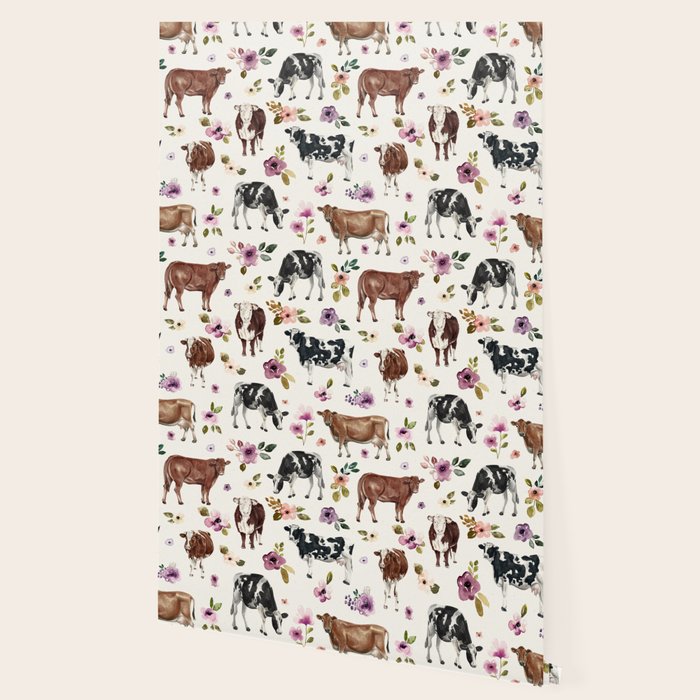 Boho Floral Cow Print with Purple flowers on Cream Wallpaper Gallery Image 2