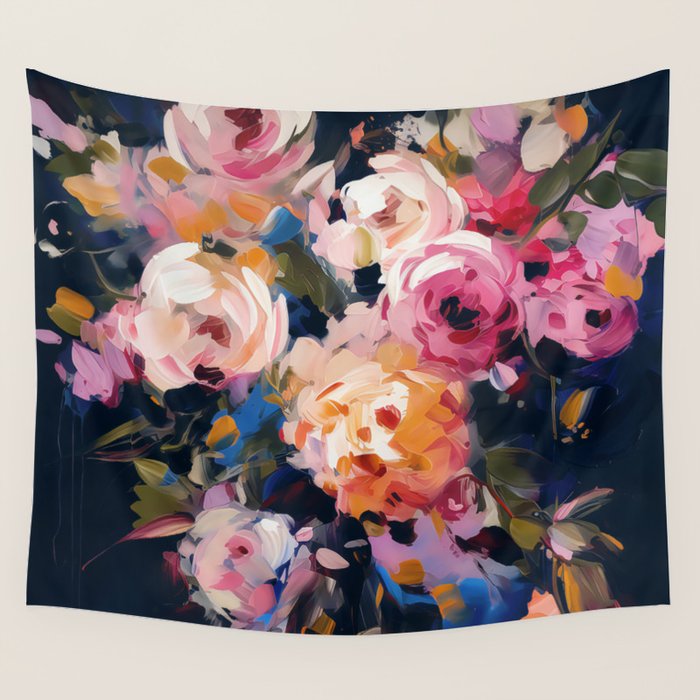Splashes of Pink and Navy Flowery Art Wall Tapestry Gallery Image 1