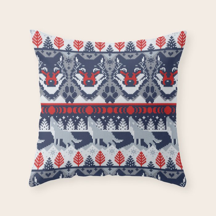 Fair isle knitting grey wolf // navy blue and grey wolves red moons and pine trees Throw Pillow Gallery Image 6