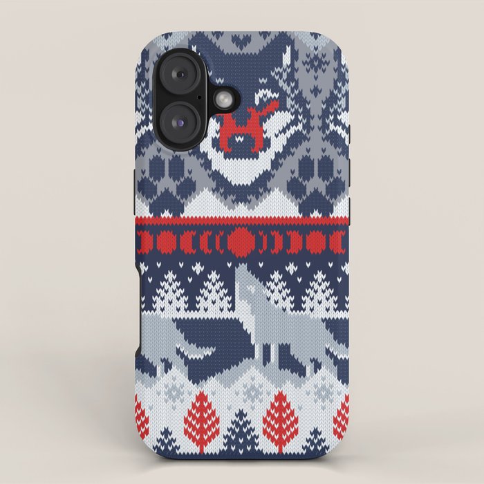 Fair isle knitting grey wolf // navy blue and grey wolves red moons and pine trees iPhone Case Gallery Image 1