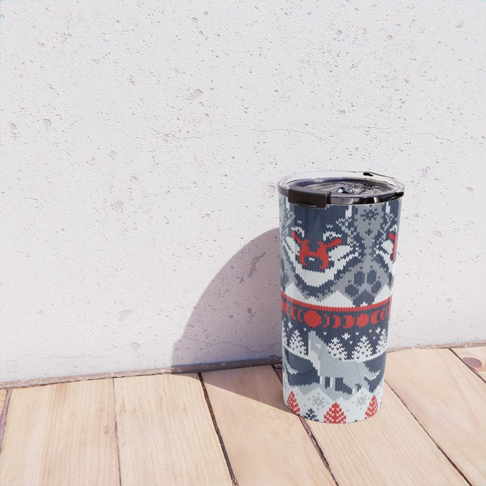 Fair isle knitting grey wolf // navy blue and grey wolves red moons and pine trees Travel Mug Gallery Image 4