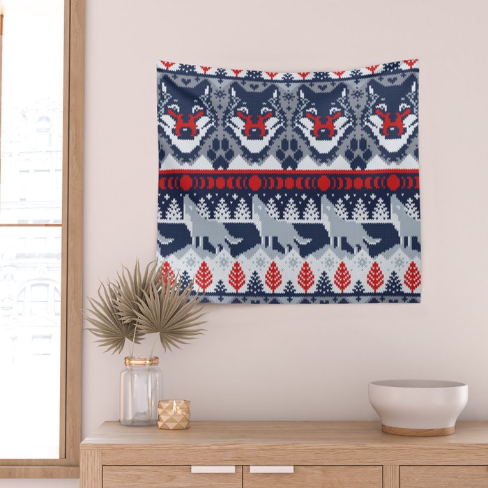 Fair isle knitting grey wolf // navy blue and grey wolves red moons and pine trees Wall Tapestry Gallery Image 2