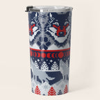 Fair isle knitting grey wolf // navy blue and grey wolves red moons and pine trees Travel Mug Gallery Image 3