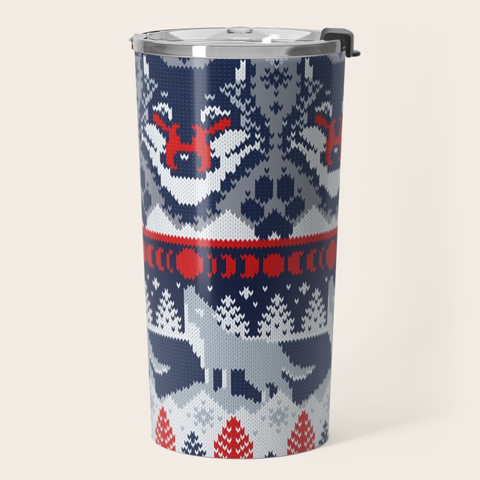 Fair isle knitting grey wolf // navy blue and grey wolves red moons and pine trees Travel Mug Gallery Image 2