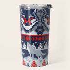 Fair isle knitting grey wolf // navy blue and grey wolves red moons and pine trees Travel Mug Gallery Image 2