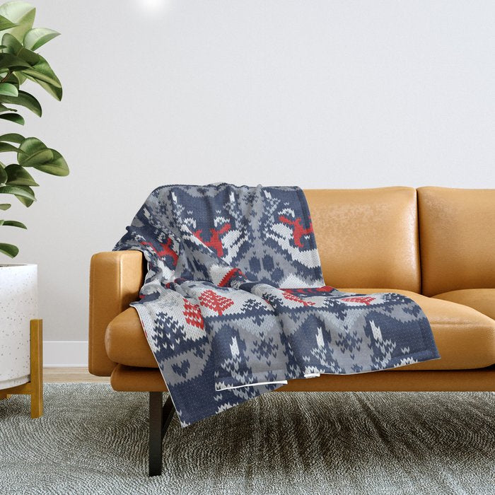 Fair isle knitting grey wolf // navy blue and grey wolves red moons and pine trees Throw Blanket Gallery Image 1