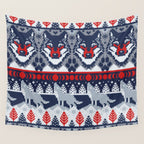 Fair isle knitting grey wolf // navy blue and grey wolves red moons and pine trees Wall Tapestry Gallery Image 4