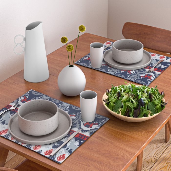 Fair isle knitting grey wolf // navy blue and grey wolves red moons and pine trees Placemat Gallery Image 2
