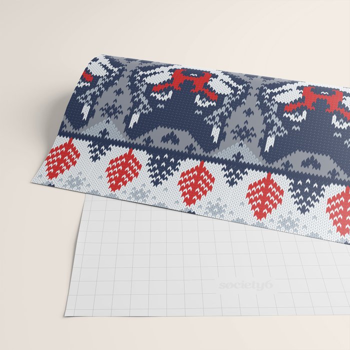 Fair isle knitting grey wolf // navy blue and grey wolves red moons and pine trees Wrapping Paper Gallery Image 2