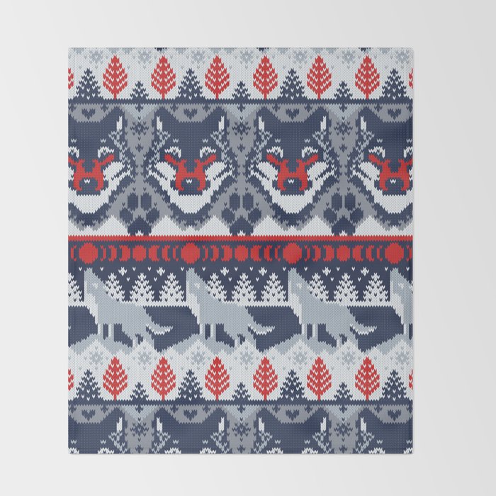 Fair isle knitting grey wolf // navy blue and grey wolves red moons and pine trees Throw Blanket Gallery Image 2