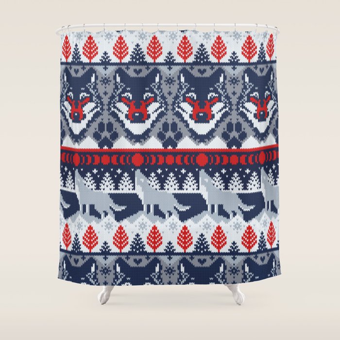 Fair isle knitting grey wolf // navy blue and grey wolves red moons and pine trees Shower Curtain Gallery Image 1