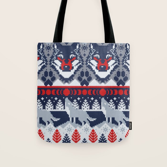 Fair isle knitting grey wolf // navy blue and grey wolves red moons and pine trees Tote Bag Gallery Image 1