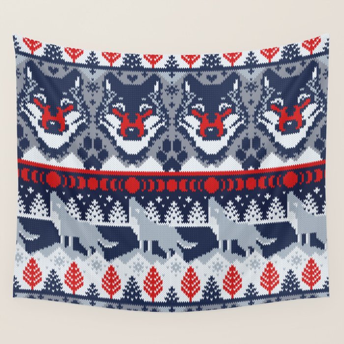 Fair isle knitting grey wolf // navy blue and grey wolves red moons and pine trees Wall Tapestry Gallery Image 1