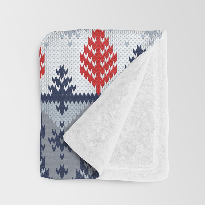 Fair isle knitting grey wolf // navy blue and grey wolves red moons and pine trees Throw Blanket Gallery Image 3