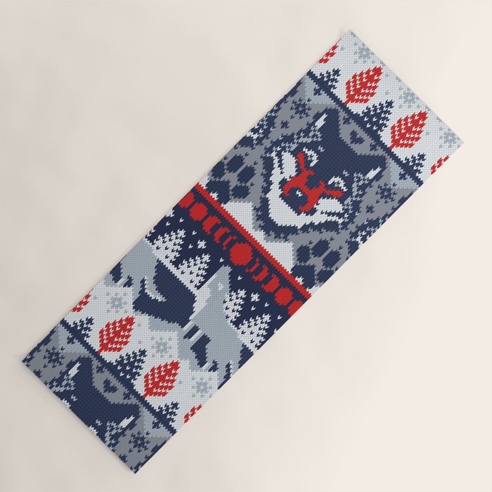 Fair isle knitting grey wolf // navy blue and grey wolves red moons and pine trees Yoga Mat Gallery Image 1