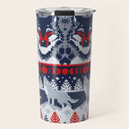 Fair isle knitting grey wolf // navy blue and grey wolves red moons and pine trees Travel Mug Gallery Image 1