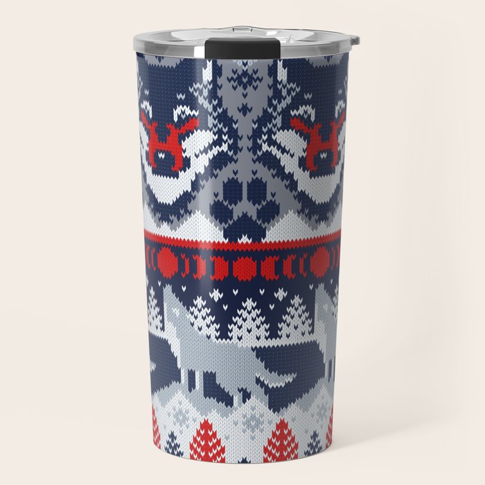 Fair isle knitting grey wolf // navy blue and grey wolves red moons and pine trees Travel Mug Gallery Image 1