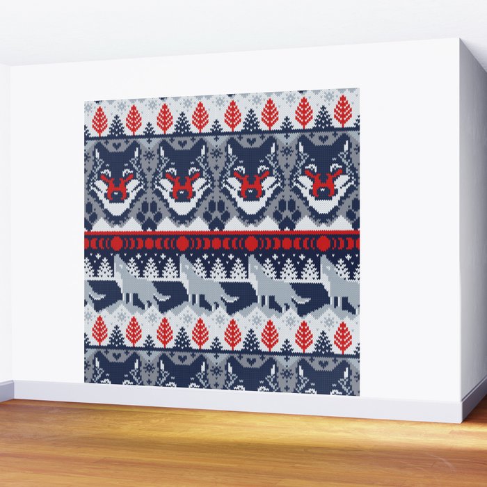 Fair isle knitting grey wolf // navy blue and grey wolves red moons and pine trees Wall Mural Gallery Image 2
