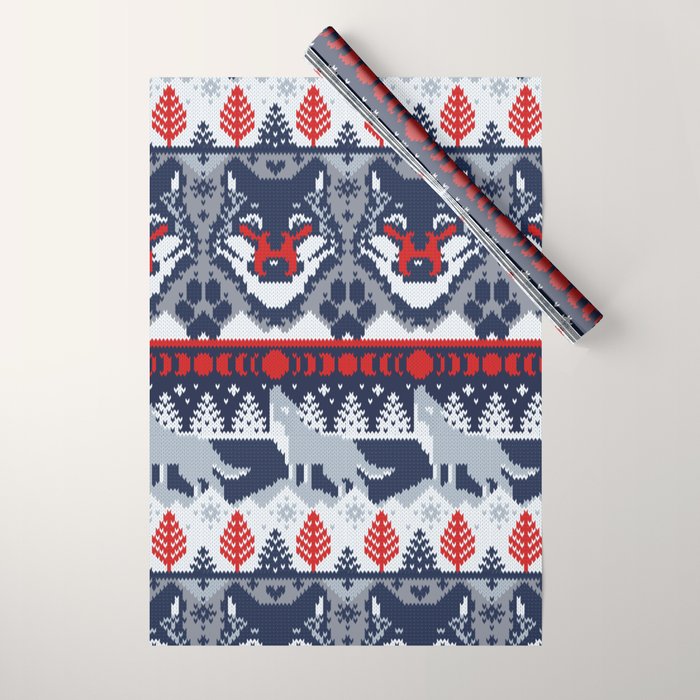 Fair isle knitting grey wolf // navy blue and grey wolves red moons and pine trees Wrapping Paper Gallery Image 1
