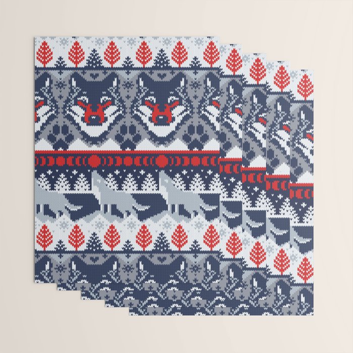 Fair isle knitting grey wolf // navy blue and grey wolves red moons and pine trees Wrapping Paper Gallery Image 3