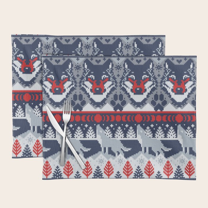 Fair isle knitting grey wolf // navy blue and grey wolves red moons and pine trees Placemat Gallery Image 1