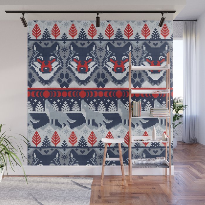 Fair isle knitting grey wolf // navy blue and grey wolves red moons and pine trees Wall Mural Gallery Image 1