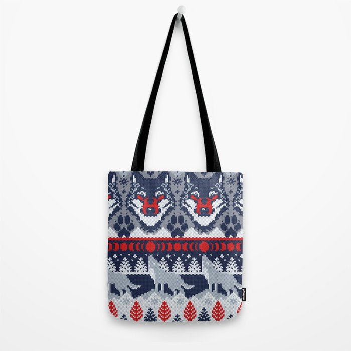 Fair isle knitting grey wolf // navy blue and grey wolves red moons and pine trees Tote Bag Gallery Image 2