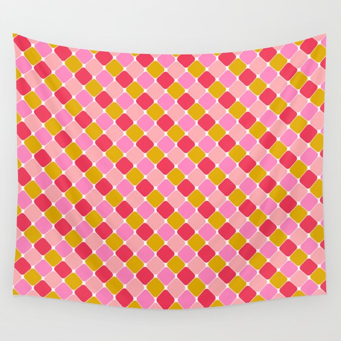 Checkered Geometric Shapes - Pink, Red, Yellow Wall Tapestry Gallery Image 4