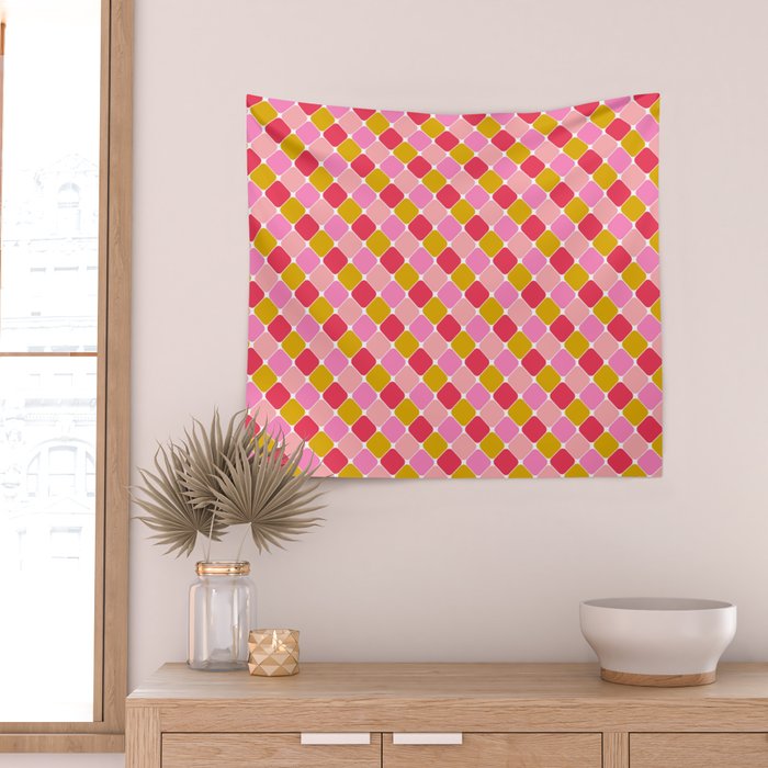 Checkered Geometric Shapes - Pink, Red, Yellow Wall Tapestry Gallery Image 2