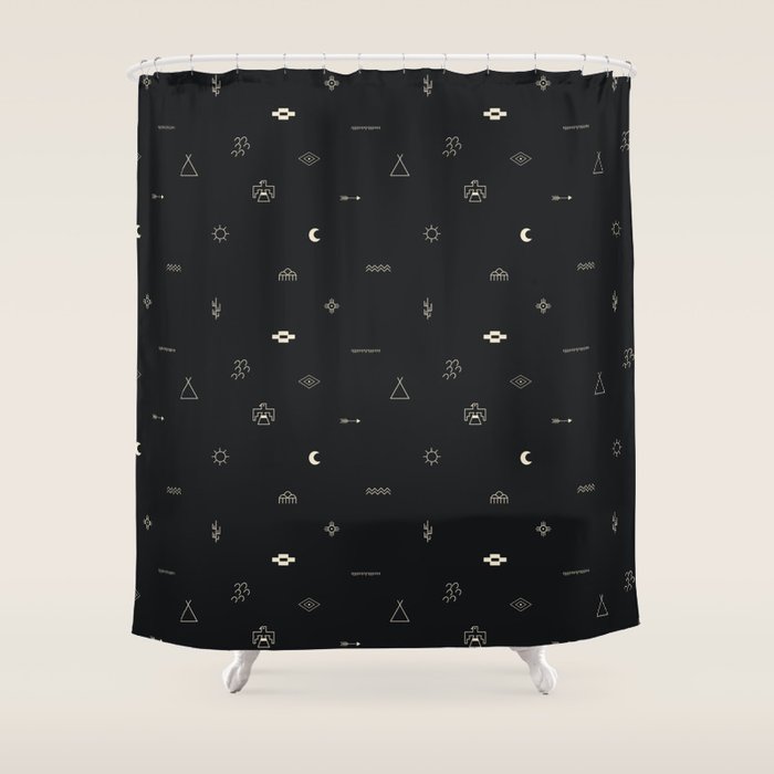 Southwestern Symbolic Pattern in Black & Cream Shower Curtain Gallery Image 1