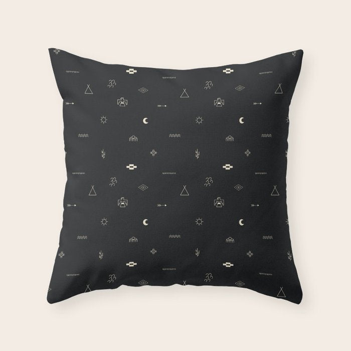 Southwestern Symbolic Pattern in Black & Cream Throw Pillow Gallery Image 6