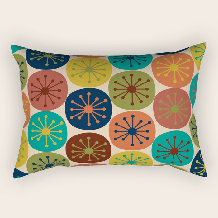 Atomic Dots Pattern in Mid Mod Teal, Orange, Olive, Blue, Mustard, and Beige Rectangular Pillow Gallery Image 2