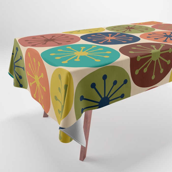 Atomic Dots Pattern in Mid Mod Teal, Orange, Olive, Blue, Mustard, and Beige Tablecloth Gallery Image 1