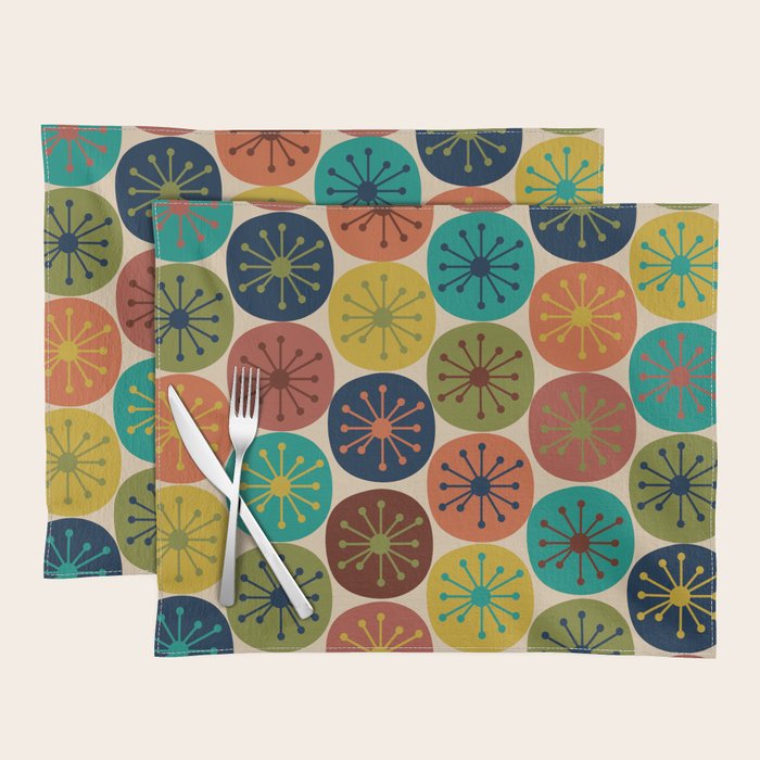 Atomic Dots Pattern in Mid Mod Teal, Orange, Olive, Blue, Mustard, and Beige Placemat Gallery Image 1