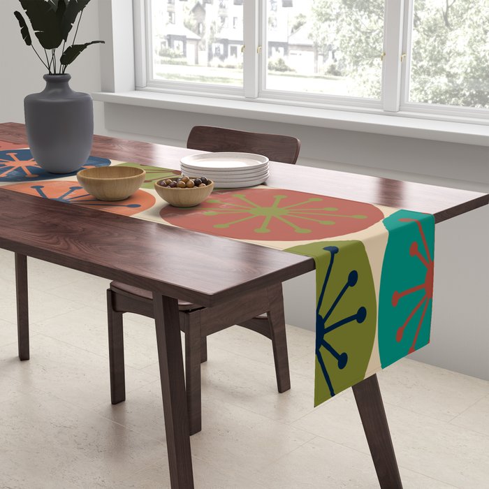 Atomic Dots Pattern in Mid Mod Teal, Orange, Olive, Blue, Mustard, and Beige Table Runner Gallery Image 2