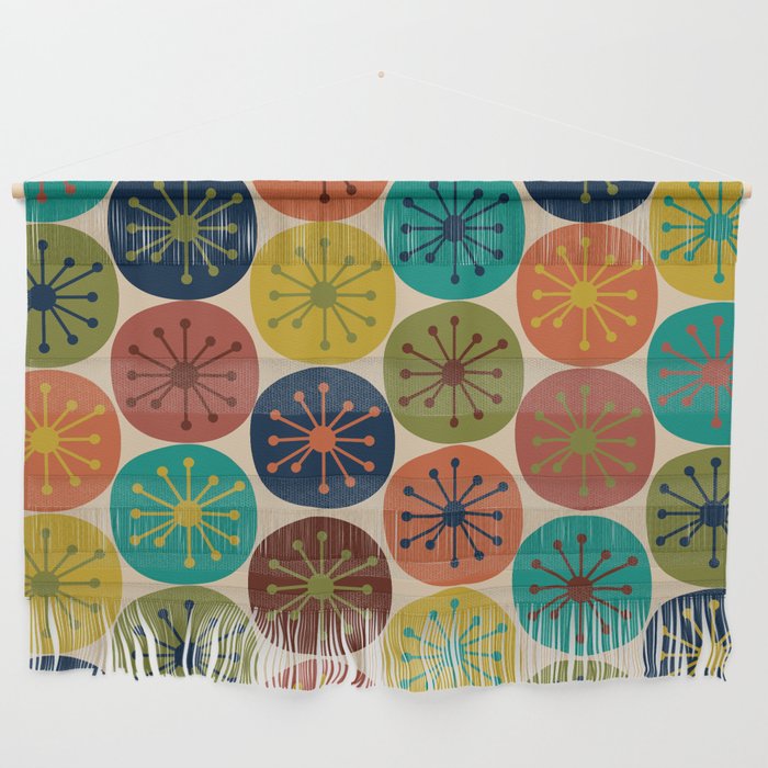 Atomic Dots Pattern in Mid Mod Teal, Orange, Olive, Blue, Mustard, and Beige Wall Hanging Gallery Image 1