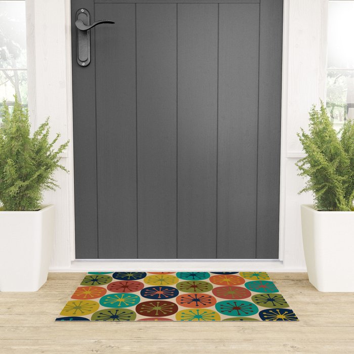 Atomic Dots Pattern in Mid Mod Teal, Orange, Olive, Blue, Mustard, and Beige Welcome Mat Gallery Image 3