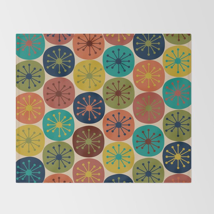 Atomic Dots Pattern in Mid Mod Teal, Orange, Olive, Blue, Mustard, and Beige Throw Blanket Gallery Image 2