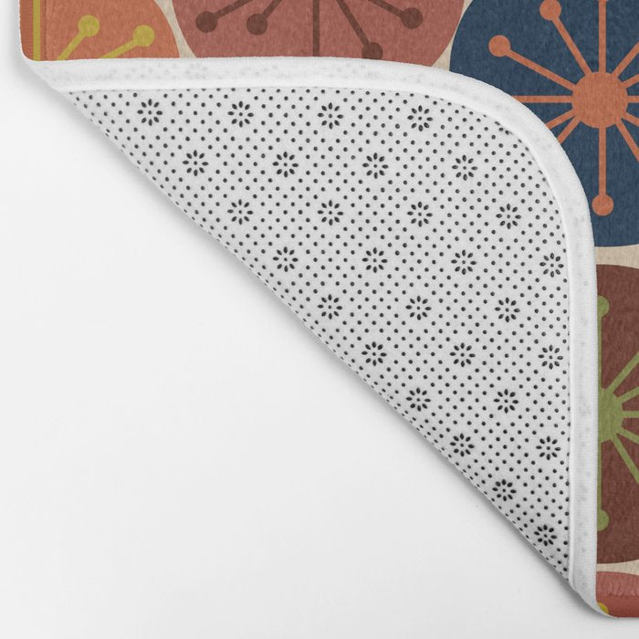 Atomic Dots Pattern in Mid Mod Teal, Orange, Olive, Blue, Mustard, and Beige Bath Mat Gallery Image 2