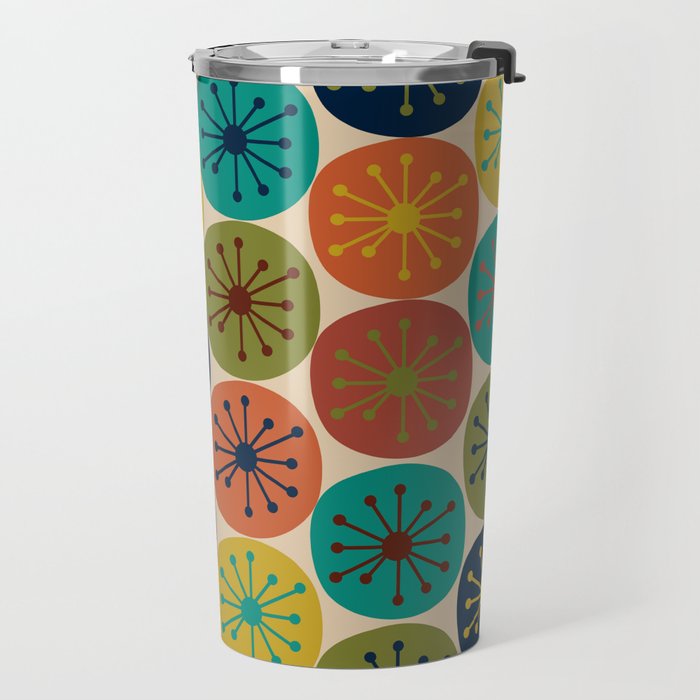 Atomic Dots Pattern in Mid Mod Teal, Orange, Olive, Blue, Mustard, and Beige Travel Mug Gallery Image 2
